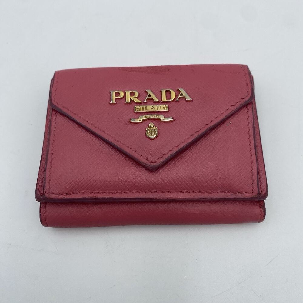 Prada Peonia Pink Saffiano Metal Trifold Mini Compact Wallet Model: 1MH021 Read